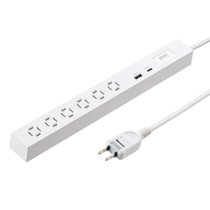 サンワサプライ スリムタップ 縦横間自在に差し込み可能 AC×6/USB-C×1/USB-A×1 PD33W 1.5m 折りたたみ式プラグ ホワイト TAP-SLIM6UC-15W